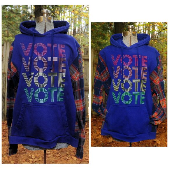 VOTE VOTE Election Reconstructed Hoodie Sweatshirt Navy Blue 2XL Plaid Sleeves - Picture 4 of 8